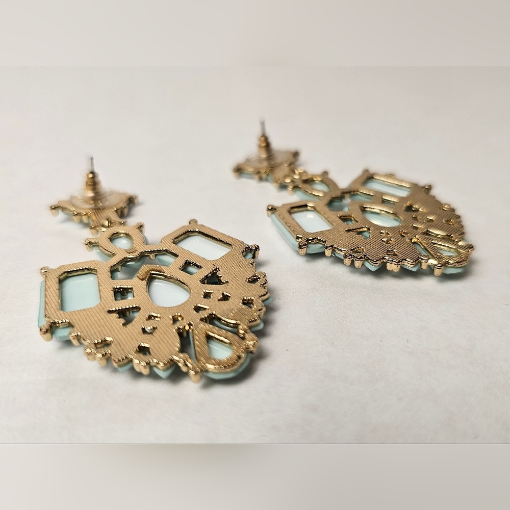 Dangle Earrings ■□ Gold Toned □■ Studded Blue Gem Stones - Picture 8 of 12